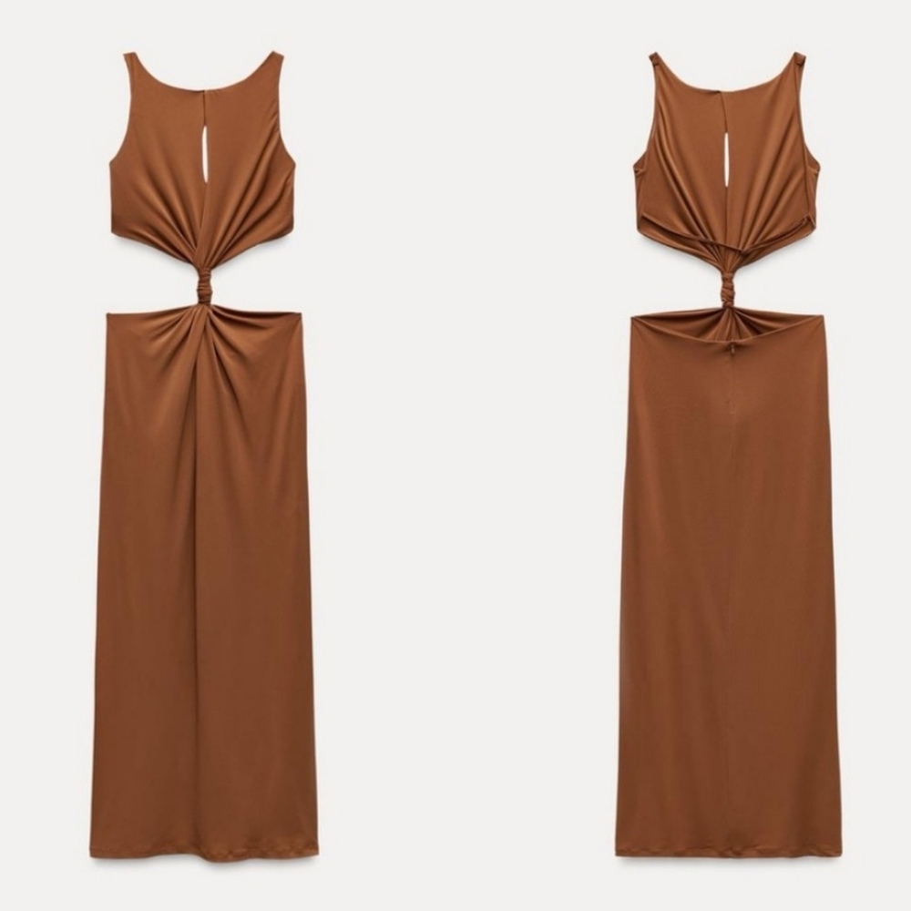 Zara Cut Out Maxi Dress Brown Size  M - Picture 12 of 13